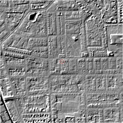 Shaded relief map of the ground around M160AY, computed from Environment Agency LiDAR. The ground here sits at about 28 m above sea level and falls 6 m across the surrounding 800 m. Surface water reaching this point runs off ground lying to the north-north-east, 1.7 m higher.
