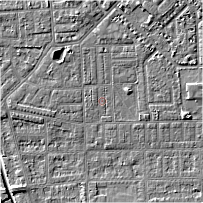 Shaded relief map of the ground around M160BG, computed from Environment Agency LiDAR. The ground here sits at about 28 m above sea level and falls 7 m across the surrounding 800 m. Surface water reaching this point runs off ground lying to the north-north-east, 2.2 m higher.