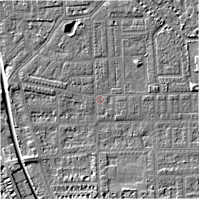 Shaded relief map of the ground around M160BZ, computed from Environment Agency LiDAR. The ground here sits at about 28 m above sea level and falls 7 m across the surrounding 800 m. Surface water reaching this point runs off ground lying to the north-north-east, 2.7 m higher.