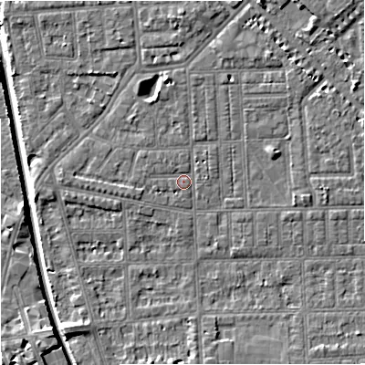 Shaded relief map of the ground around M160DH, computed from Environment Agency LiDAR. The ground here sits at about 29 m above sea level and falls 7 m across the surrounding 800 m. Surface water reaching this point runs off ground lying to the north, 1.2 m higher.