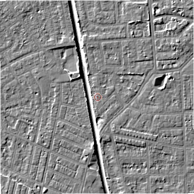 Shaded relief map of the ground around M160EB, computed from Environment Agency LiDAR. The ground here sits at about 28 m above sea level and falls 7 m across the surrounding 800 m. The ground contributing surface water to this point lies to the south.