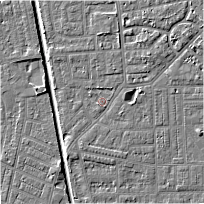 Shaded relief map of the ground around M160ED, computed from Environment Agency LiDAR. The ground here sits at about 28 m above sea level and falls 7 m across the surrounding 800 m. Surface water reaching this point runs off ground lying to the west-south-west, 1.0 m higher.