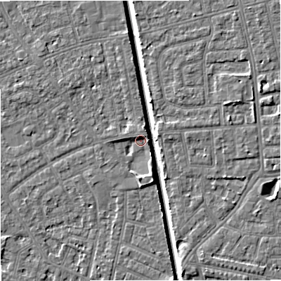 Shaded relief map of the ground around M160EX, computed from Environment Agency LiDAR. The ground here sits at about 28 m above sea level and falls 7 m across the surrounding 800 m. Surface water reaching this point runs off ground lying to the north-east, 2.4 m higher.