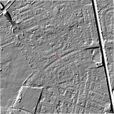 Shaded relief map of the ground around M160EY, computed from Environment Agency LiDAR. The ground here sits at about 28 m above sea level and falls 9 m across the surrounding 800 m. Surface water reaching this point runs off ground lying to the east-north-east, 2.6 m higher.