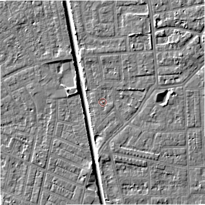 Shaded relief map of the ground around M160FB, computed from Environment Agency LiDAR. The ground here sits at about 28 m above sea level and falls 7 m across the surrounding 800 m. Surface water reaching this point runs off ground lying to the east-south-east, 0.7 m higher.