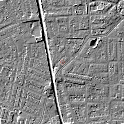 Shaded relief map of the ground around M160FE, computed from Environment Agency LiDAR. The ground here sits at about 28 m above sea level and falls 7 m across the surrounding 800 m. Surface water reaching this point runs off ground lying to the north-east, 4.0 m higher.