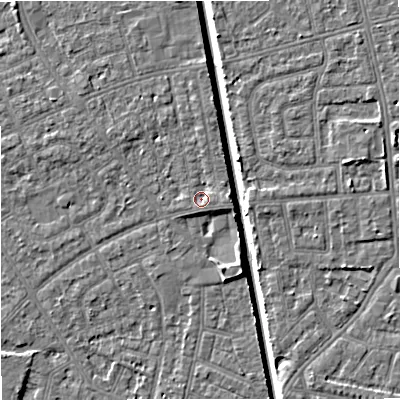 Shaded relief map of the ground around M160FU, computed from Environment Agency LiDAR. The ground here sits at about 28 m above sea level and falls 7 m across the surrounding 800 m. Surface water reaching this point runs off ground lying to the east, 2.2 m higher.