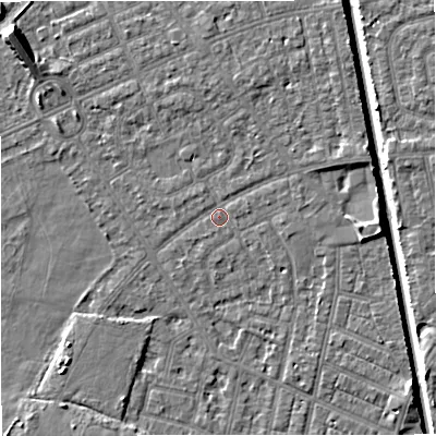 Shaded relief map of the ground around M160FX, computed from Environment Agency LiDAR. The ground here sits at about 28 m above sea level and falls 9 m across the surrounding 800 m. Surface water reaching this point runs off ground lying to the east-north-east, 2.6 m higher.