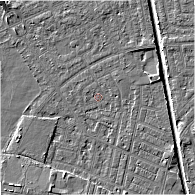 Shaded relief map of the ground around M160FY, computed from Environment Agency LiDAR. The ground here sits at about 27 m above sea level and falls 7 m across the surrounding 800 m. Surface water reaching this point runs off ground lying to the east, 1.0 m higher.