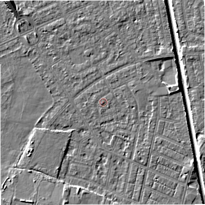 Shaded relief map of the ground around M160FZ, computed from Environment Agency LiDAR. The ground here sits at about 28 m above sea level and falls 9 m across the surrounding 800 m. The ground contributing surface water to this point lies to the north-north-east.