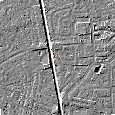 Shaded relief map of the ground around M160GA, computed from Environment Agency LiDAR. The ground here sits at about 28 m above sea level and falls 7 m across the surrounding 800 m. Surface water reaching this point runs off ground lying to the north-east, 1.6 m higher.