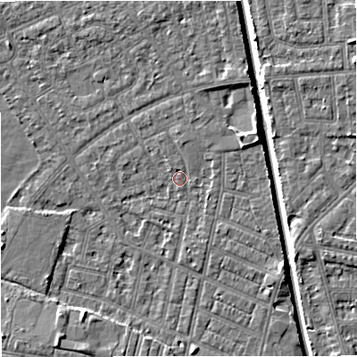 Shaded relief map of the ground around M160GF, computed from Environment Agency LiDAR. The ground here sits at about 28 m above sea level and falls 6 m across the surrounding 800 m. Surface water reaching this point runs off ground lying to the north, 0.9 m higher.