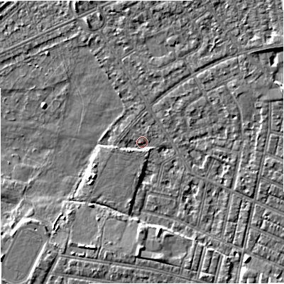 Shaded relief map of the ground around M160GG, computed from Environment Agency LiDAR. The ground here sits at about 27 m above sea level and falls 5 m across the surrounding 800 m. Surface water reaching this point runs off ground lying to the south, 3.9 m higher.