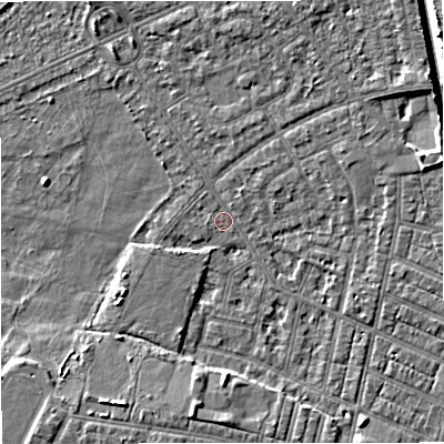 Shaded relief map of the ground around M160HA, computed from Environment Agency LiDAR. The ground here sits at about 27 m above sea level and falls 6 m across the surrounding 800 m. Surface water reaching this point runs off ground lying to the north-east, 4.0 m higher.