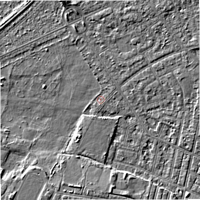 Shaded relief map of the ground around M160HB, computed from Environment Agency LiDAR. The ground here sits at about 27 m above sea level and falls 5 m across the surrounding 800 m. Surface water reaching this point runs off ground lying to the east-north-east, 0.7 m higher.