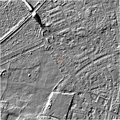Shaded relief map of the ground around M160HD, computed from Environment Agency LiDAR. The ground here sits at about 27 m above sea level and falls 8 m across the surrounding 800 m. Surface water reaching this point runs off ground lying to the north-north-west, 2.2 m higher.