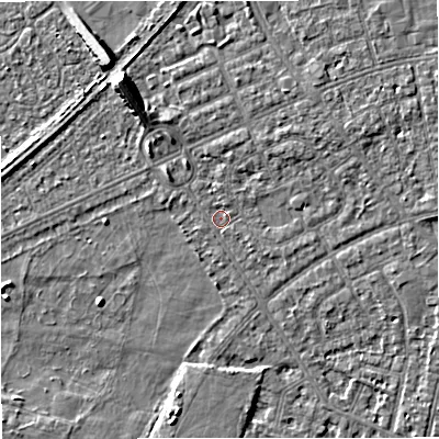 Shaded relief map of the ground around M160HE, computed from Environment Agency LiDAR. The ground here sits at about 27 m above sea level and falls 8 m across the surrounding 800 m. Surface water reaching this point runs off ground lying to the north-west, 2.2 m higher.