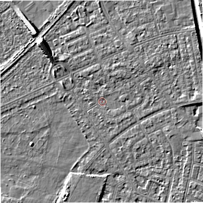 Shaded relief map of the ground around M160JA, computed from Environment Agency LiDAR. The ground here sits at about 27 m above sea level and falls 9 m across the surrounding 800 m. Surface water reaching this point runs off ground lying to the north-north-east, 1.7 m higher.