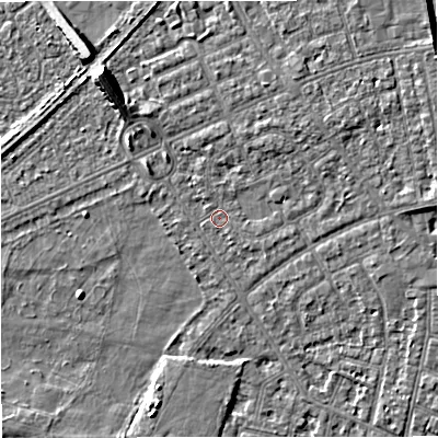 Shaded relief map of the ground around M160JB, computed from Environment Agency LiDAR. The ground here sits at about 27 m above sea level and falls 9 m across the surrounding 800 m. Surface water reaching this point runs off ground lying to the north-north-east, 1.7 m higher.