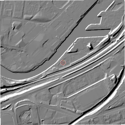 Shaded relief map of the ground around M160TT, computed from Environment Agency LiDAR. The ground here sits at about 24 m above sea level and falls 15 m across the surrounding 800 m. Surface water reaching this point runs off ground lying to the east, 1.8 m higher.