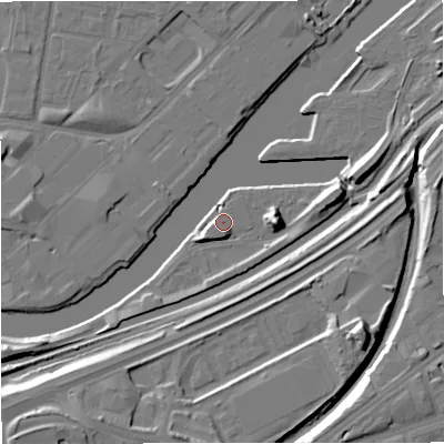 Shaded relief map of the ground around M160YD, computed from Environment Agency LiDAR. The ground here sits at about 25 m above sea level and falls 15 m across the surrounding 800 m. Surface water reaching this point runs off ground lying to the south-west, 4.8 m higher.