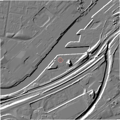 Shaded relief map of the ground around M160YE, computed from Environment Agency LiDAR. The ground here sits at about 24 m above sea level and falls 15 m across the surrounding 800 m. Surface water reaching this point runs off ground lying to the east-south-east, 8.5 m higher.