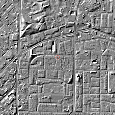 Shaded relief map of the ground around M167AB, computed from Environment Agency LiDAR. The ground here sits at about 32 m above sea level and falls 5 m across the surrounding 800 m. Surface water reaching this point runs off ground lying to the north-north-east, 4.2 m higher.