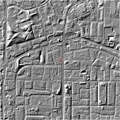 Shaded relief map of the ground around M167BA, computed from Environment Agency LiDAR. The ground here sits at about 32 m above sea level and falls 6 m across the surrounding 800 m. Surface water reaching this point runs off ground lying to the north-east, 4.4 m higher.