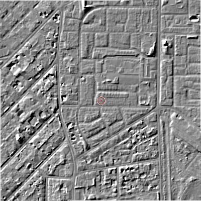 Shaded relief map of the ground around M167BE, computed from Environment Agency LiDAR. The ground here sits at about 31 m above sea level and falls 6 m across the surrounding 800 m. Surface water reaching this point runs off ground lying to the north, 1.1 m higher.