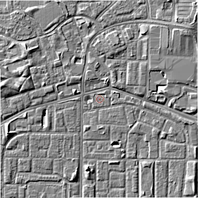 Shaded relief map of the ground around M167BZ, computed from Environment Agency LiDAR. The ground here sits at about 32 m above sea level and falls 7 m across the surrounding 800 m. Surface water reaching this point runs off ground lying to the north-east, 0.5 m higher.