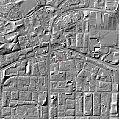 Shaded relief map of the ground around M167DZ, computed from Environment Agency LiDAR. The ground here sits at about 32 m above sea level and falls 7 m across the surrounding 800 m. Surface water reaching this point runs off ground lying to the south, 0.8 m higher.