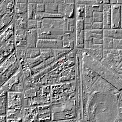 Shaded relief map of the ground around M167EH, computed from Environment Agency LiDAR. The ground here sits at about 31 m above sea level and falls 5 m across the surrounding 800 m. Surface water reaching this point runs off ground lying to the north-north-east, 4.5 m higher.