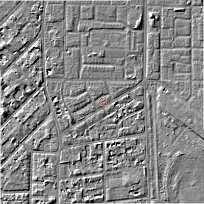 Shaded relief map of the ground around M167FH, computed from Environment Agency LiDAR. The ground here sits at about 30 m above sea level and falls 6 m across the surrounding 800 m. Surface water reaching this point runs off ground lying to the west-south-west, 2.1 m higher.