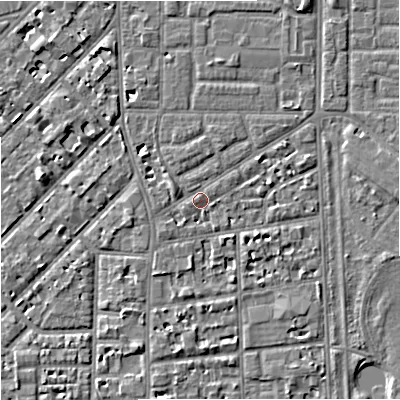 Shaded relief map of the ground around M167FJ, computed from Environment Agency LiDAR. The ground here sits at about 31 m above sea level and falls 4 m across the surrounding 800 m. Surface water reaching this point runs off ground lying to the south-south-west, 1.9 m higher.