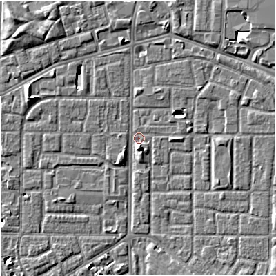 Shaded relief map of the ground around M167GH, computed from Environment Agency LiDAR. The ground here sits at about 31 m above sea level and falls 5 m across the surrounding 800 m. Surface water reaching this point runs off ground lying to the north-east, 4.5 m higher.