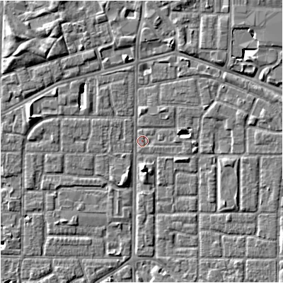 Shaded relief map of the ground around M167HA, computed from Environment Agency LiDAR. The ground here sits at about 31 m above sea level and falls 5 m across the surrounding 800 m. Surface water reaching this point runs off ground lying to the north-east, 4.5 m higher.