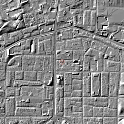Shaded relief map of the ground around M167HB, computed from Environment Agency LiDAR. The ground here sits at about 32 m above sea level and falls 5 m across the surrounding 800 m. Surface water reaching this point runs off ground lying to the east-north-east, 2.0 m higher.