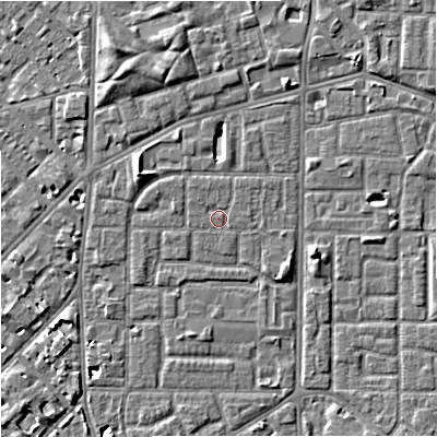 Shaded relief map of the ground around M167UG, computed from Environment Agency LiDAR. The ground here sits at about 31 m above sea level and falls 5 m across the surrounding 800 m. Surface water reaching this point runs off ground lying to the north-north-west, 0.7 m higher.
