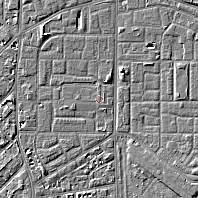Shaded relief map of the ground around M167WD, computed from Environment Agency LiDAR. The ground here sits at about 31 m above sea level and falls 5 m across the surrounding 800 m. The ground contributing surface water to this point lies to the north-east.