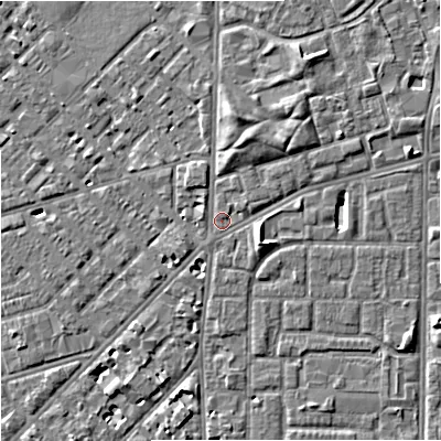 Shaded relief map of the ground around M167WS, computed from Environment Agency LiDAR. The ground here sits at about 31 m above sea level and falls 5 m across the surrounding 800 m. Surface water reaching this point runs off ground lying to the north, 3.4 m higher.