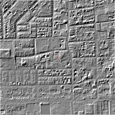 Shaded relief map of the ground around M168EA, computed from Environment Agency LiDAR. The ground here sits at about 30 m above sea level and falls 5 m across the surrounding 800 m. Surface water reaching this point runs off ground lying to the east-north-east, 0.9 m higher.