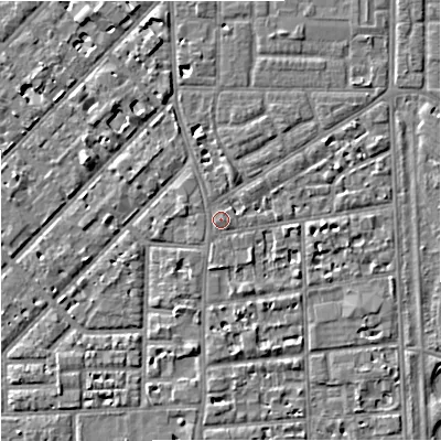 Shaded relief map of the ground around M168EB, computed from Environment Agency LiDAR. The ground here sits at about 31 m above sea level and falls 4 m across the surrounding 800 m. Surface water reaching this point runs off ground lying to the south, 1.2 m higher.