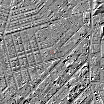 Shaded relief map of the ground around M168ED, computed from Environment Agency LiDAR. The ground here sits at about 31 m above sea level and falls 7 m across the surrounding 800 m. Surface water reaching this point runs off ground lying to the south-west, 0.8 m higher.