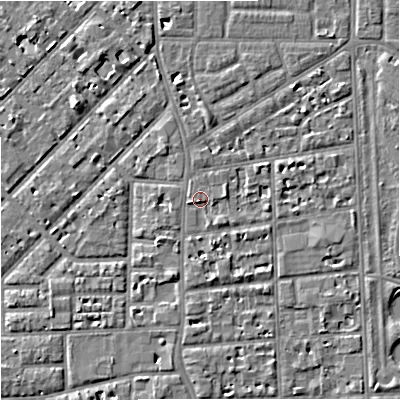 Shaded relief map of the ground around M168EE, computed from Environment Agency LiDAR. The ground here sits at about 30 m above sea level and falls 5 m across the surrounding 800 m. Surface water reaching this point runs off ground lying to the east, 1.4 m higher.