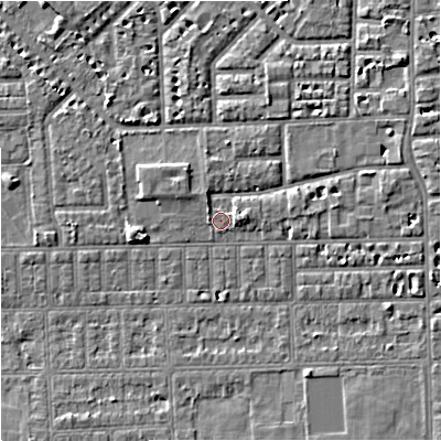 Shaded relief map of the ground around M168EN, computed from Environment Agency LiDAR. The ground here sits at about 29 m above sea level and falls 5 m across the surrounding 800 m. Surface water reaching this point runs off ground lying to the north-west, 1.0 m higher.