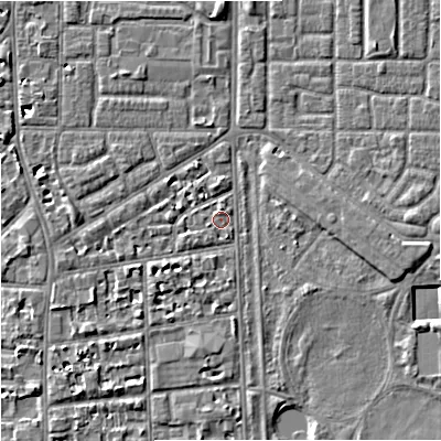Shaded relief map of the ground around M168ER, computed from Environment Agency LiDAR. The ground here sits at about 30 m above sea level and falls 5 m across the surrounding 800 m. Surface water reaching this point runs off ground lying to the north, 1.0 m higher.