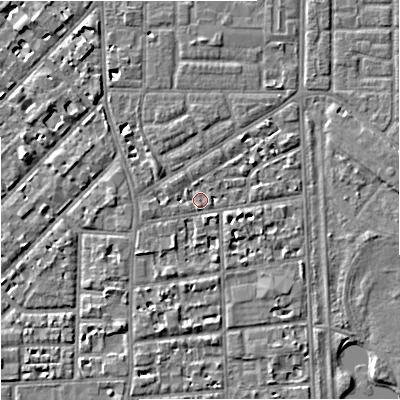 Shaded relief map of the ground around M168ES, computed from Environment Agency LiDAR. The ground here sits at about 30 m above sea level and falls 4 m across the surrounding 800 m. Surface water reaching this point runs off ground lying to the south-west, 1.9 m higher.