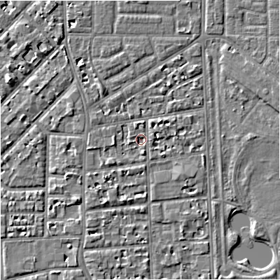 Shaded relief map of the ground around M168ET, computed from Environment Agency LiDAR. The ground here sits at about 29 m above sea level and falls 6 m across the surrounding 800 m. Surface water reaching this point runs off ground lying to the north-east, 2.4 m higher.