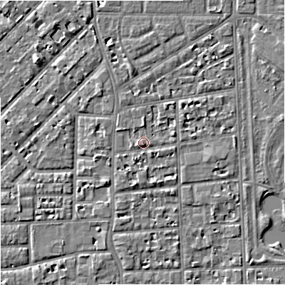 Shaded relief map of the ground around M168EU, computed from Environment Agency LiDAR. The ground here sits at about 31 m above sea level and falls 5 m across the surrounding 800 m. Surface water reaching this point runs off ground lying to the east-north-east, 1.5 m higher.
