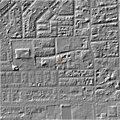 Shaded relief map of the ground around M168EW, computed from Environment Agency LiDAR. The ground here sits at about 30 m above sea level and falls 5 m across the surrounding 800 m. Surface water reaching this point runs off ground lying to the east, 3.7 m higher.